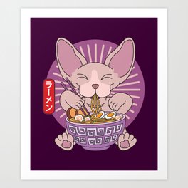 Sphynx Cat Eating Ramen Noodles Japanese Cute Art Print