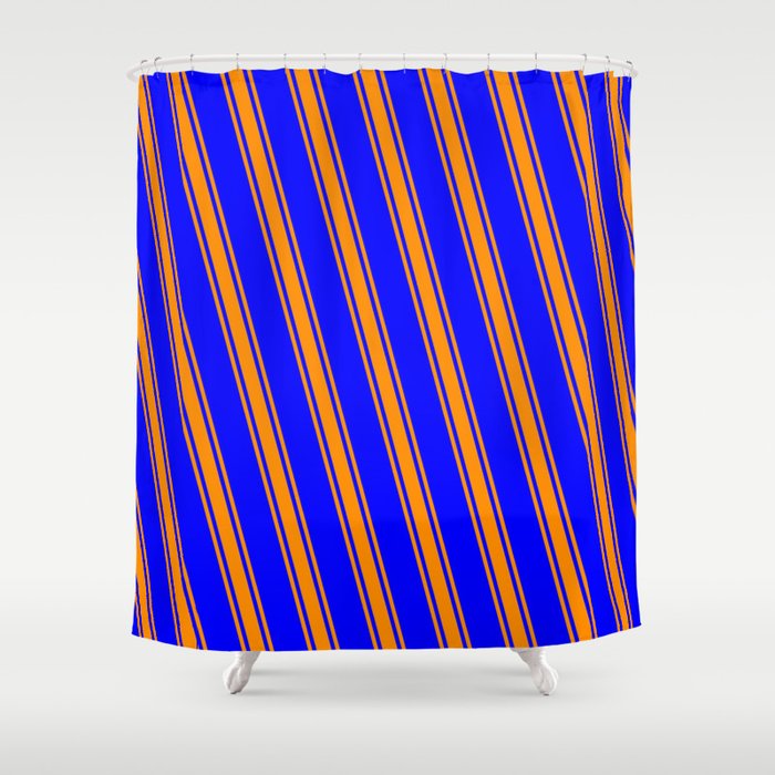 Blue and Dark Orange Colored Lined/Striped Pattern Shower Curtain