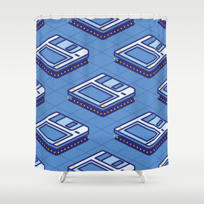 Floppy Magnetic Disk Seamless Pattern. Diskette on Blue Background. Shower Curtain