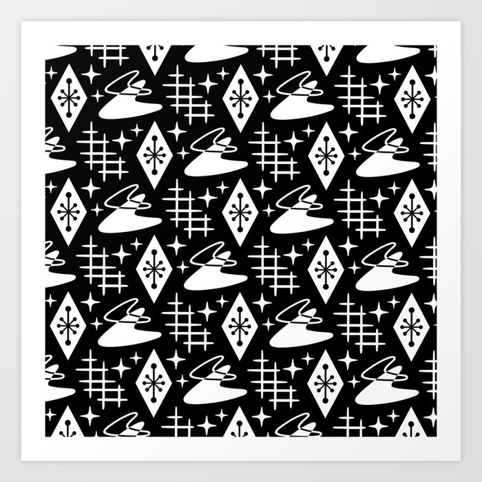 Mid Century Modern Space age Boomerang Pattern 336 Black and White Art Print