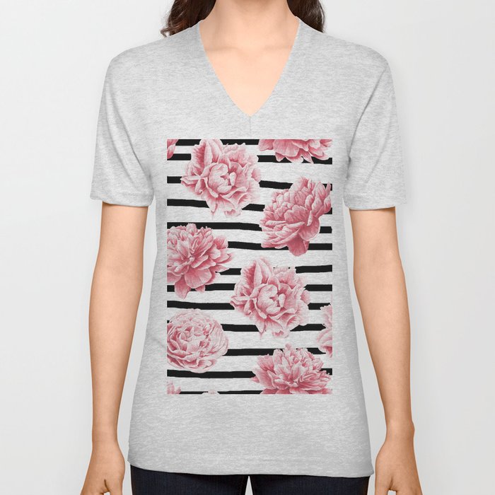 Simply Drawn Stripes and Roses V Neck T Shirt
