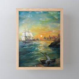 Vintage boath at the harbor painting Framed Mini Art Print