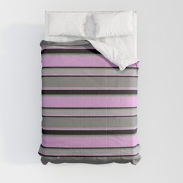 [ Thumbnail: Plum, Black, Gray, and Dark Grey Colored Striped/Lined Pattern Comforter ]