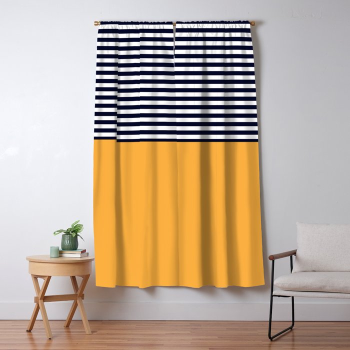 Mustard & Navy Blue Half Striped Blackout Curtain by Rose Gold Society6