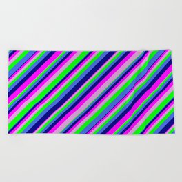 [ Thumbnail: Eyecatching Royal Blue, Blue, Fuchsia, Plum, and Lime Colored Lined/Striped Pattern Beach Towel ]