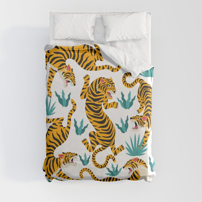 Cute tiger dance in the tropical forest hand drawn illustration Duvet Cover