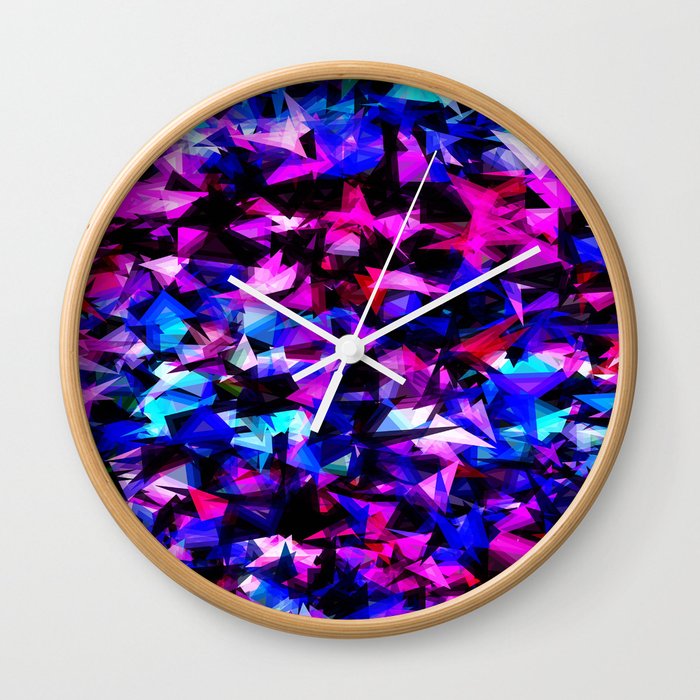 psychedelic geometric triangle polygon abstract pattern in pink blue black Wall Clock