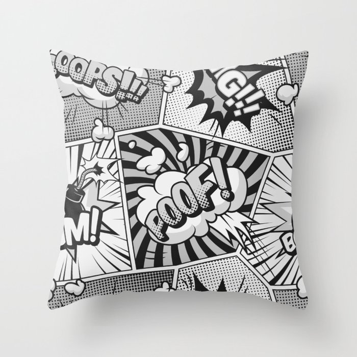 Comic Book Word Art Collage Black and White Throw Pillow
