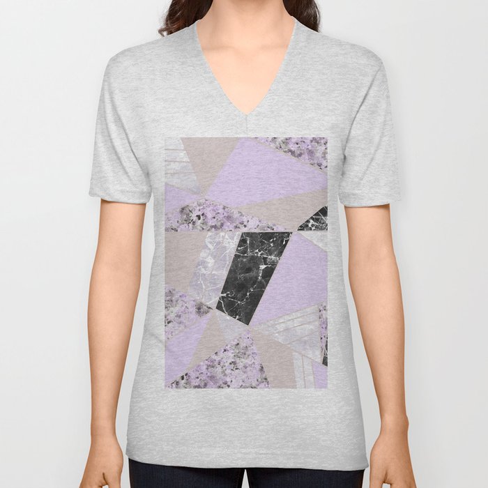 Geometrical black white lavender abstract marble V Neck T Shirt