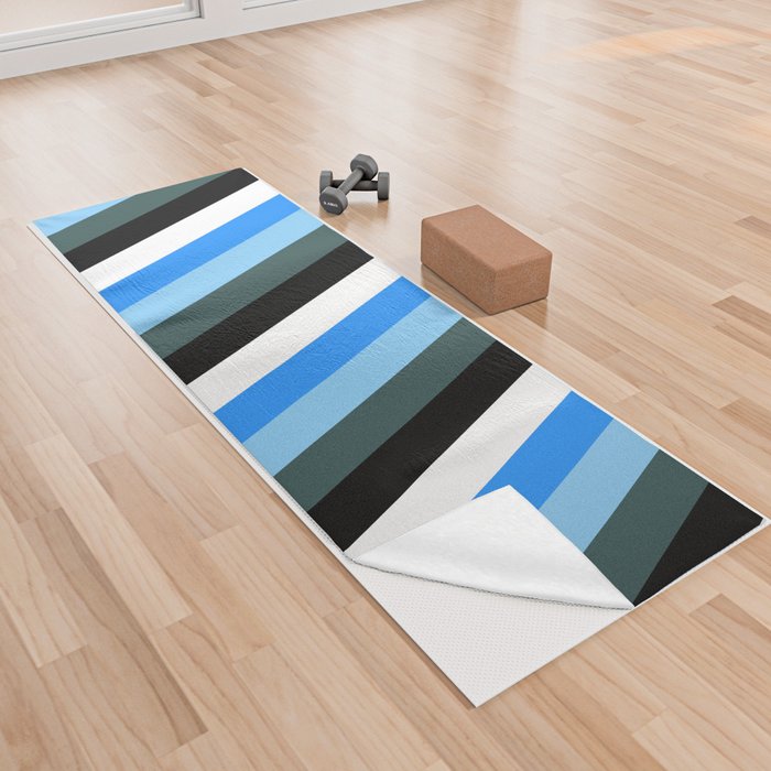 Dark Slate Gray, Light Sky Blue, Blue, White, and Black Colored Lines Pattern Yoga Towel