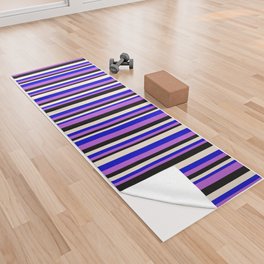 [ Thumbnail: Orchid, Blue, Beige & Black Colored Lines Pattern Yoga Towel ]