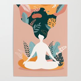 Mindfulness, meditation and yoga background in pastel vintage colors with women sit with crossed leg Poster