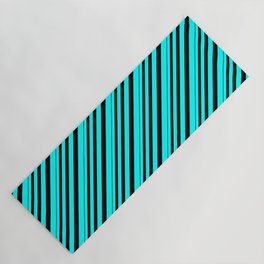[ Thumbnail: Black and Cyan Colored Stripes Pattern Yoga Mat ]