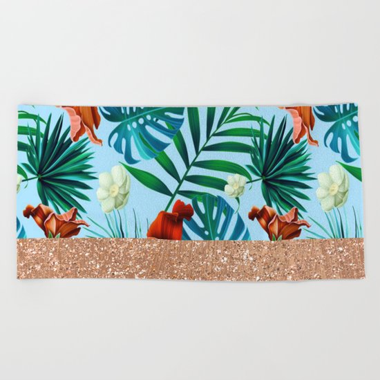 Tropical blue floral rose gold Beach Towel