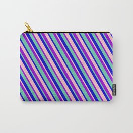 [ Thumbnail: Dark Violet, Aquamarine, Blue & Pink Colored Lines Pattern Carry-All Pouch ]