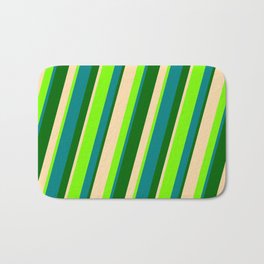 [ Thumbnail: Teal, Dark Green, Tan, and Green Colored Striped/Lined Pattern Bath Mat ]
