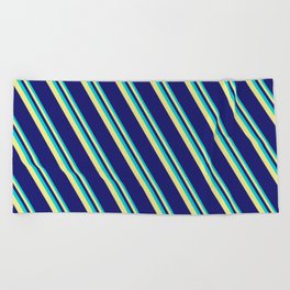 [ Thumbnail: Dark Turquoise, Tan, and Midnight Blue Colored Lines/Stripes Pattern Beach Towel ]