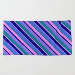 [ Thumbnail: Purple, Royal Blue, Teal, Violet & Blue Colored Stripes/Lines Pattern Beach Towel ]