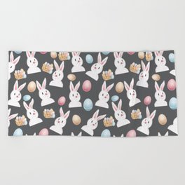 Easter Bunny And Eggs Pattern- Grey Beach Towel