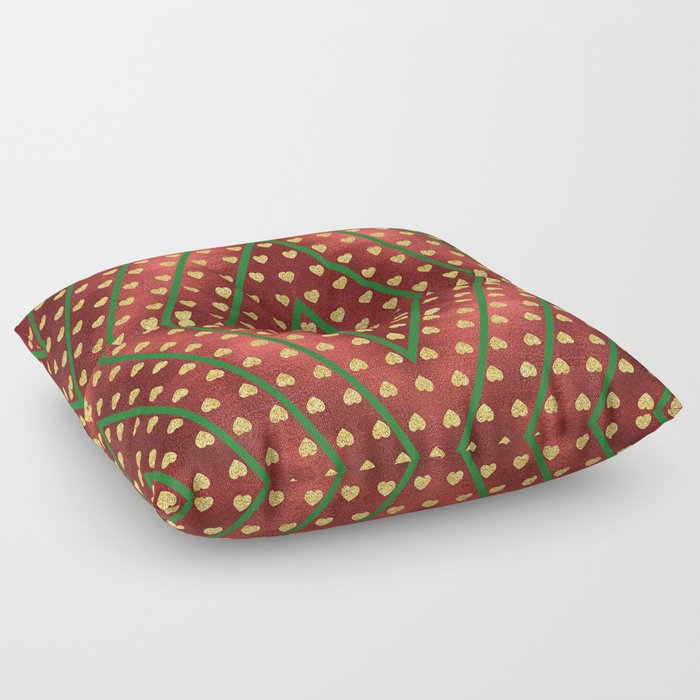 Gold Hearts on a Red Shiny Background with Green Diamond Lines Floor Pillow