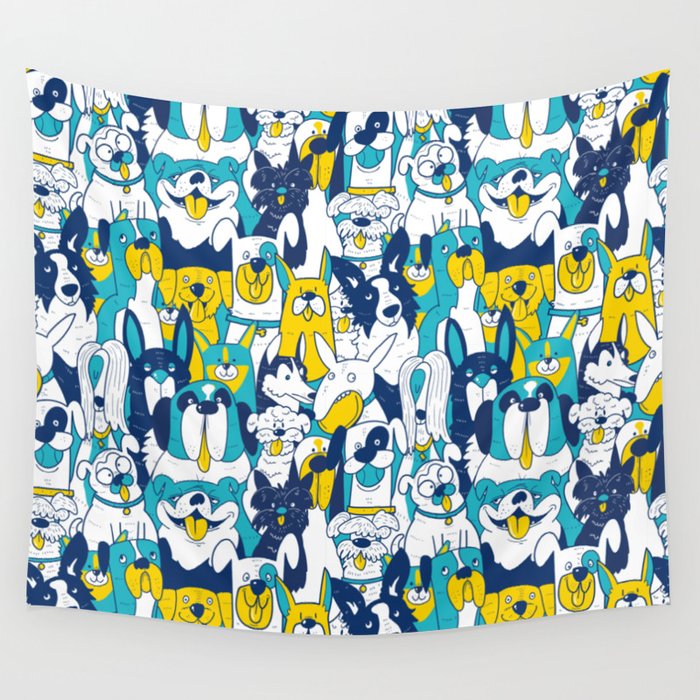 Goofy Dogs - Blue and Yellow Wall Tapestry