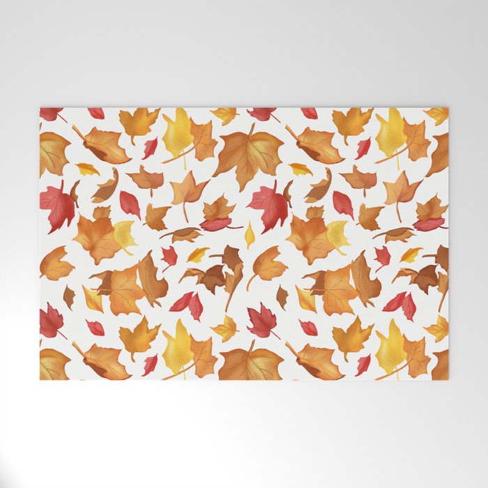 Fallen Autumn Leaves in White Welcome Mat