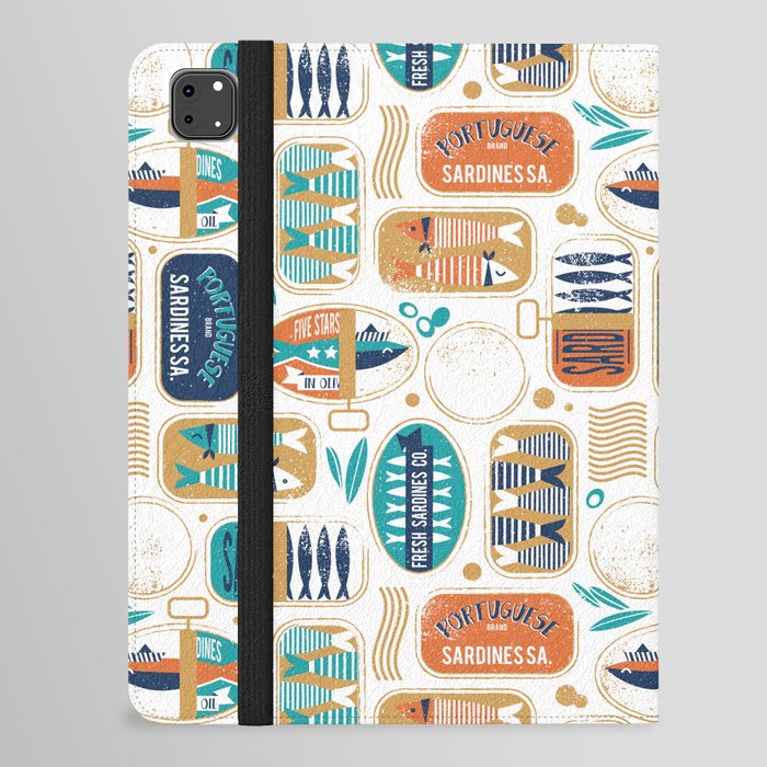 Vintage canned sardines // white background peacock teal and gold drop orange cans  iPad Folio Case