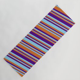 [ Thumbnail: Chocolate, Indigo & Sky Blue Colored Stripes Pattern Yoga Mat ]