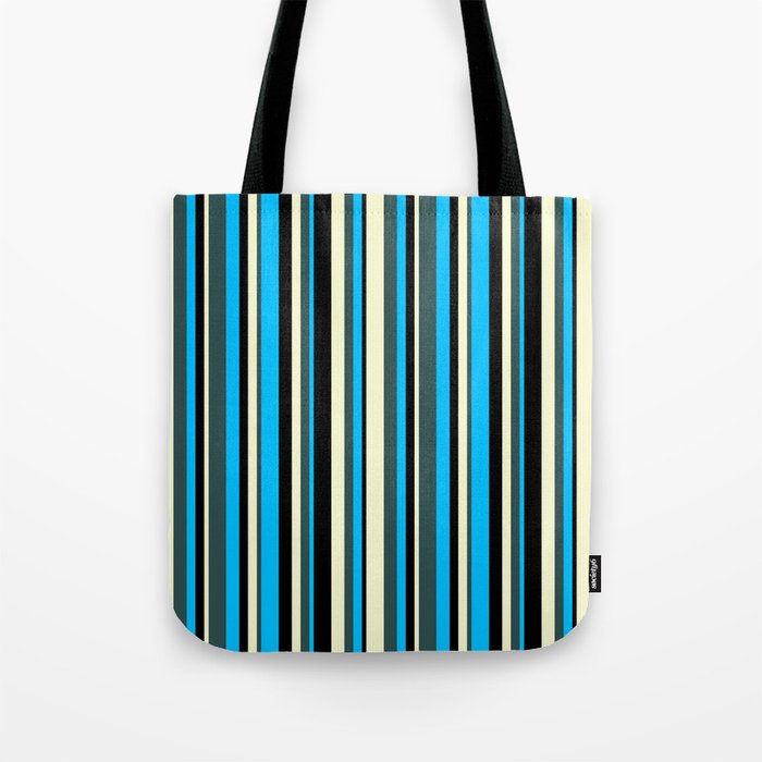 Deep Sky Blue, Dark Slate Gray, Light Yellow & Black Colored Striped/Lined Pattern Tote Bag