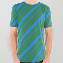 [ Thumbnail: Sea Green & Blue Colored Striped/Lined Pattern All Over Graphic Tee ]