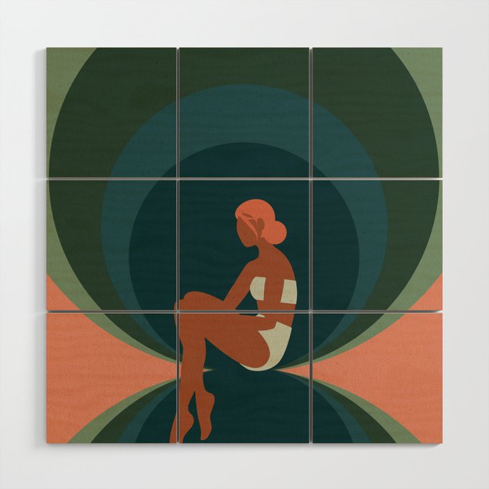 Mid Century Modern Print, Woman Sitting Inside Geometric Circles, Entitled "Bounce"  Wood Wall Art