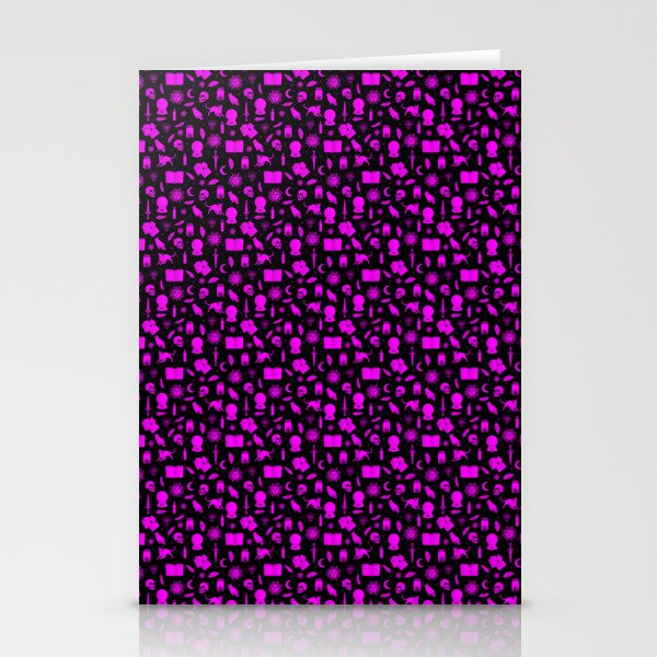 Small Bright Dayglo Pink Halloween Motifs Skulls, Spells & Cats on Spooky Black Stationery Cards