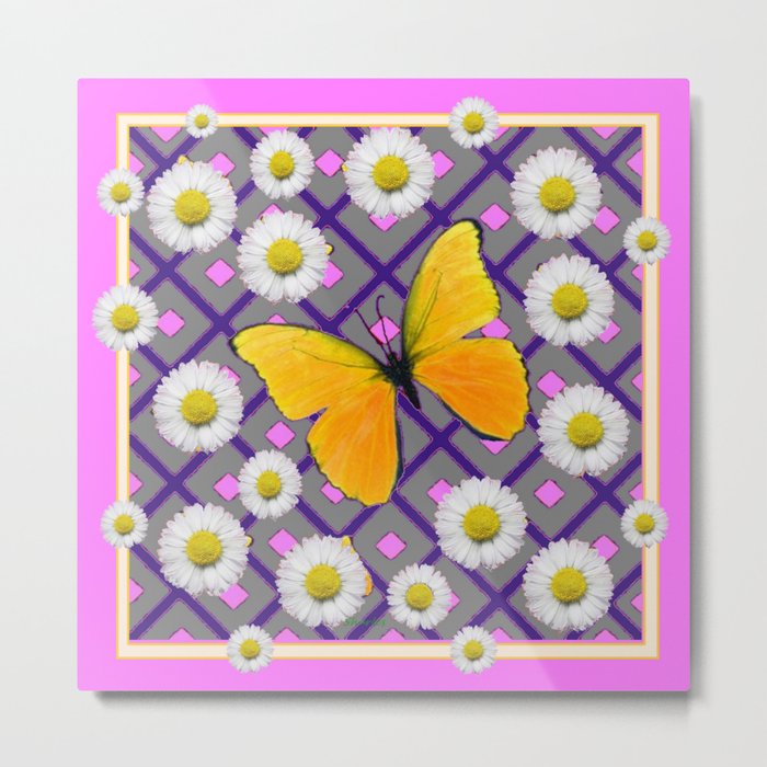 Yellow Butterfly on Lilac-pink Shasta Daisy Grey Abstract Pattern Metal Print