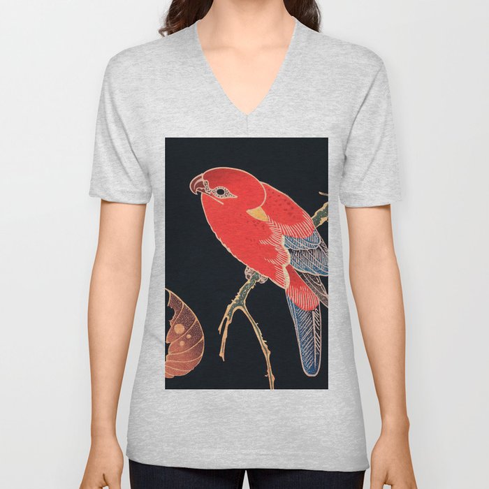 Japanese Woodblock Print Of Red Parrot on the Branch of a Tree By Ito Jakuchu,Woodcut,vintage,ukiyo,Japan ,Red And Black, V Neck T Shirt