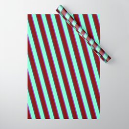 [ Thumbnail: Dark Slate Gray, Aquamarine, Dark Orchid, and Maroon Colored Stripes Pattern Wrapping Paper ]