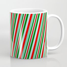 [ Thumbnail: Dark Green, Powder Blue, Red & Aquamarine Colored Pattern of Stripes Coffee Mug ]