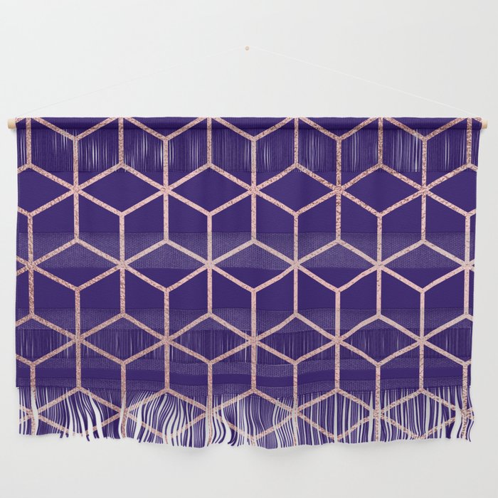 Rose gold cube pattern on blue Wall Hanging