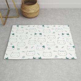 Green Blue Doodle Kitten Faces Pattern Area & Throw Rug