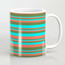 [ Thumbnail: Red, Dark Olive Green & Aqua Colored Lined Pattern Coffee Mug ]