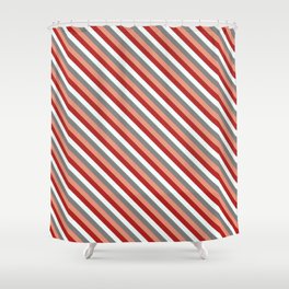 [ Thumbnail: Dark Salmon, Red, Mint Cream & Grey Colored Stripes Pattern Shower Curtain ]
