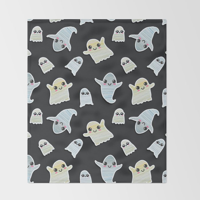 Super Cute Hand Painted Kawaii Halloween Ghosts Throw Blanket By