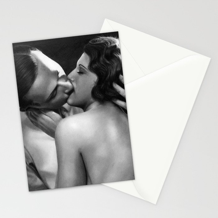 Kissing Vintage Couple Photorealistic Pencil Drawing Stationery