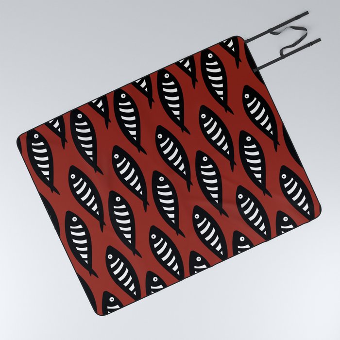 Abstract black and white fish pattern Red Picnic Blanket