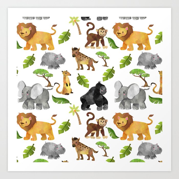 safari animals pattern watercolor art print by moonfluff society6