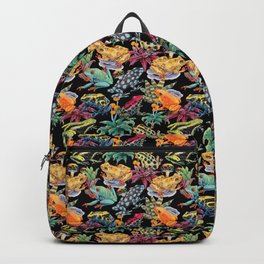 Tropical frogs and plant - black Backpack | Stylish, Colorful, Aerosol, Fancy, Painting, Illustration, Elegant, Reptile, Extoic, Frog 