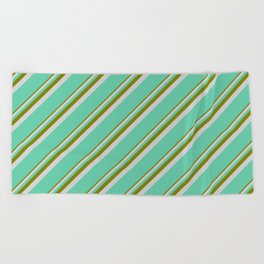 [ Thumbnail: Green, Light Grey & Aquamarine Colored Lined Pattern Beach Towel ]