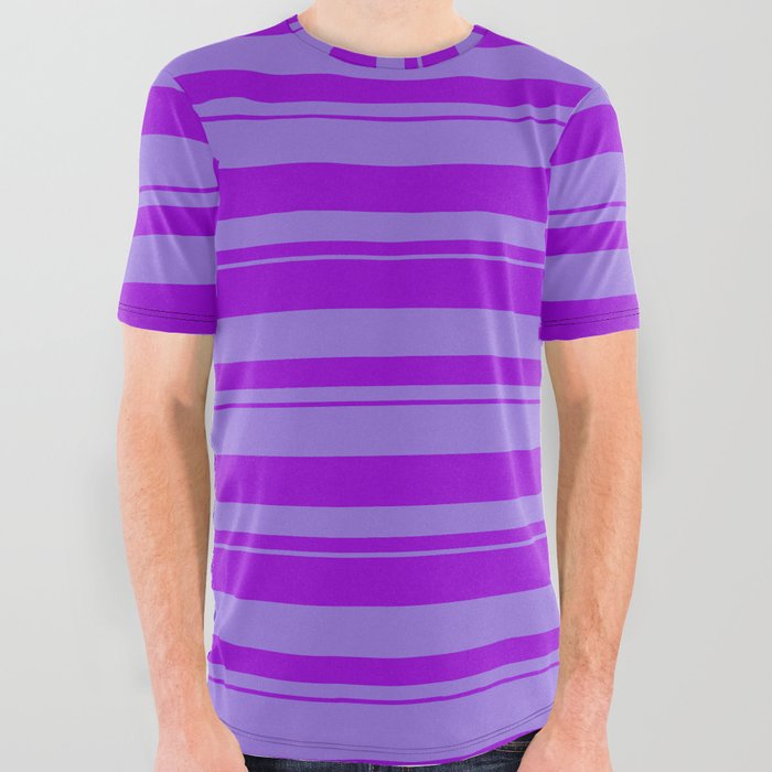 Purple & Dark Violet Colored Stripes/Lines Pattern All Over Graphic Tee