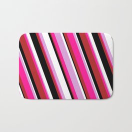 [ Thumbnail: Eyecatching Plum, Deep Pink, Red, Black & White Colored Lined/Striped Pattern Bath Mat ]