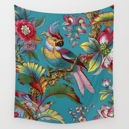 Tropical Birds on Turquoise, French Floral Chinoiserie Pattern from 1905 Wall Tapestry
