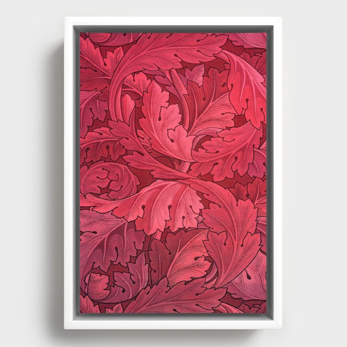 William Morris herbaceous acanthus crimson red Italian Laurel textile floral leaf print for duvet, curtain, pillow, bathroom, wallpaper, and home and wall decor Framed Canvas
